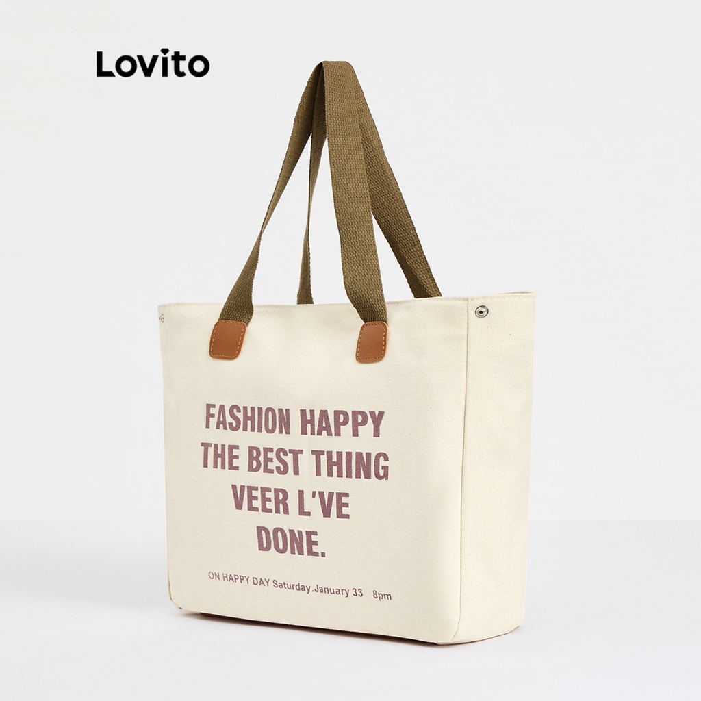 Túi tote LOVITO sức chứa lớn canvas dây tương phản đính đá chữ cái thường ngày cho nữ L46BA003 (kaki/ trắng ngà/ đen)
