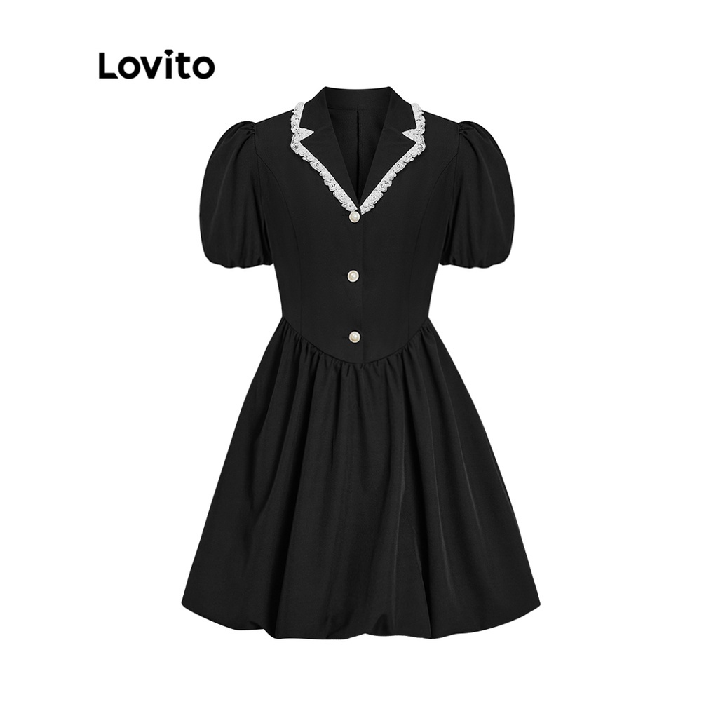 Đầm Lovito màu trơn phối nút dễ thương cho nữ L45AD043 (màu đen)