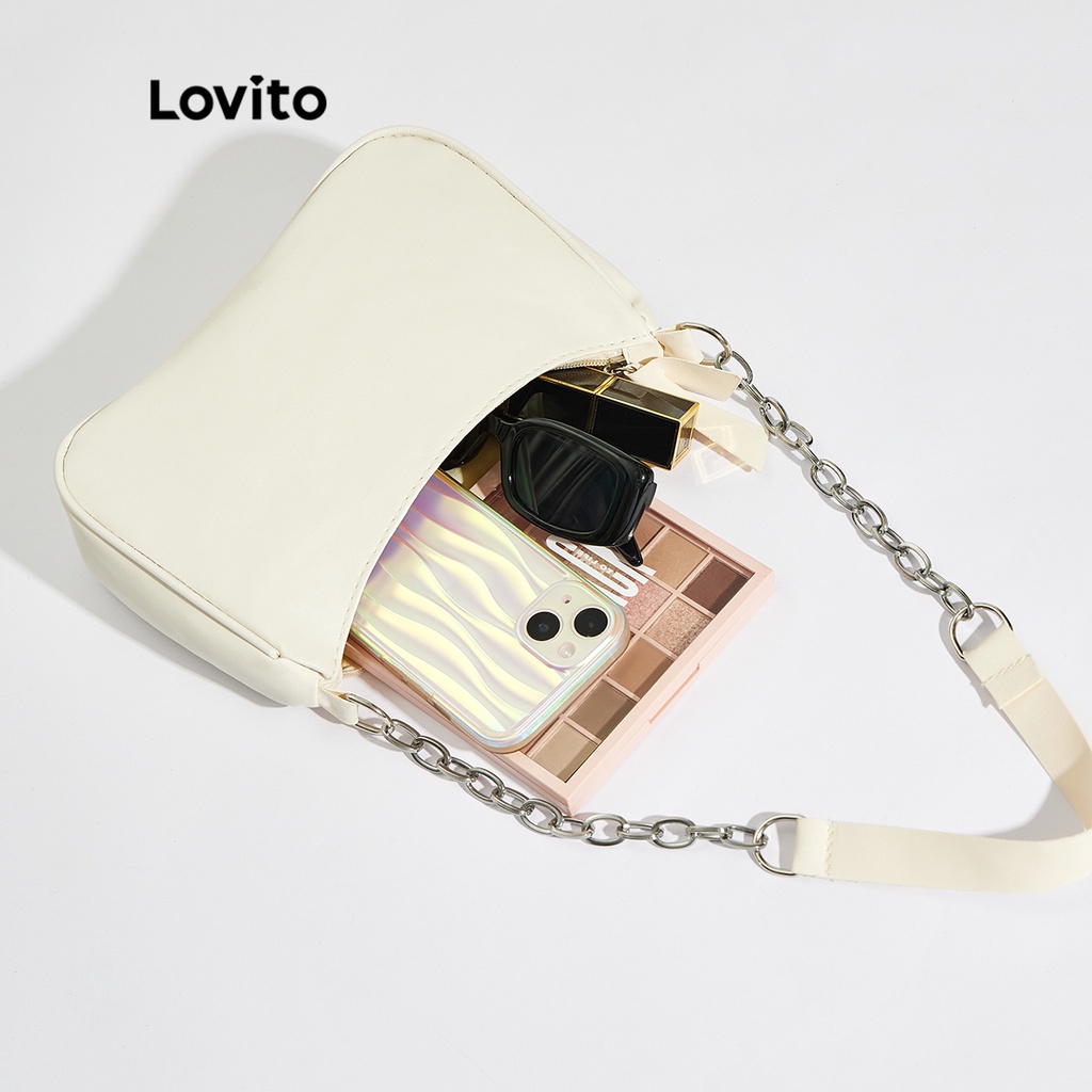Túi đeo chéo LOVITO hobo màu trơn dây chuỗi xích kim loại thường ngày cho nữ L46BA001 (màu trắng/ màu vàng/ màu đen)