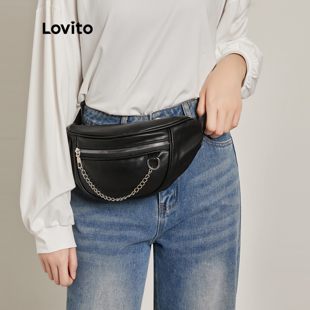 Túi đeo ngang eo LOVITO dây canvas chuỗi xích kim loại màu trơn thường ngày cho nữ L46BA006 (màu trắng/ màu đen)