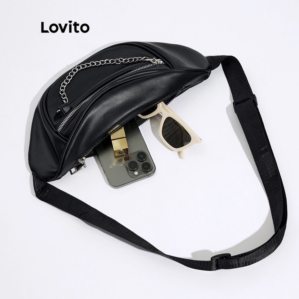 Túi đeo ngang eo LOVITO dây canvas chuỗi xích kim loại màu trơn thường ngày cho nữ L46BA006 (màu trắng/ màu đen)