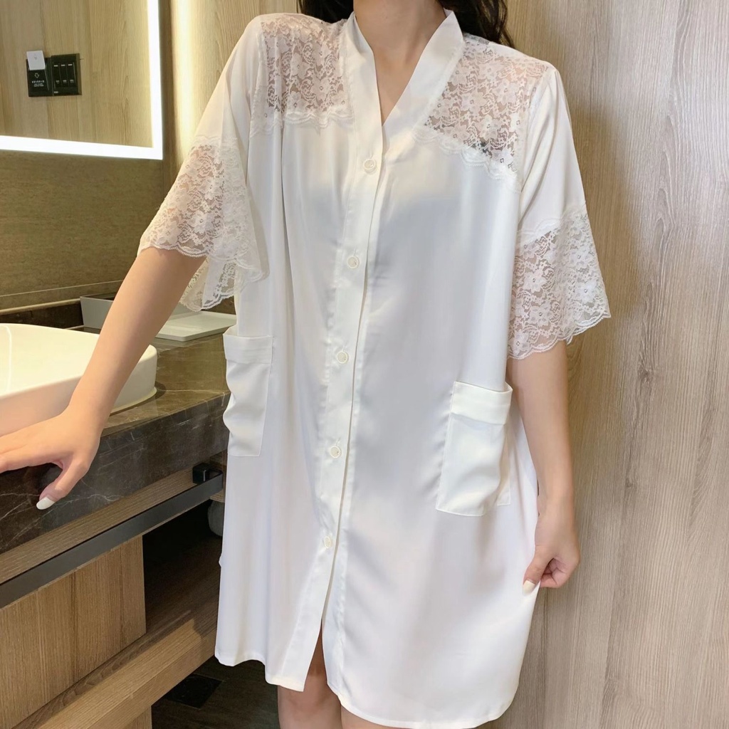 Hàng Mới Về Đầm Ngủ Lụa Tuyết Dáng Ngắn Trễ Vai Màu Trắng Trơn Phong Cách Mới Chất Lượng Cao Mùa Hè @ -