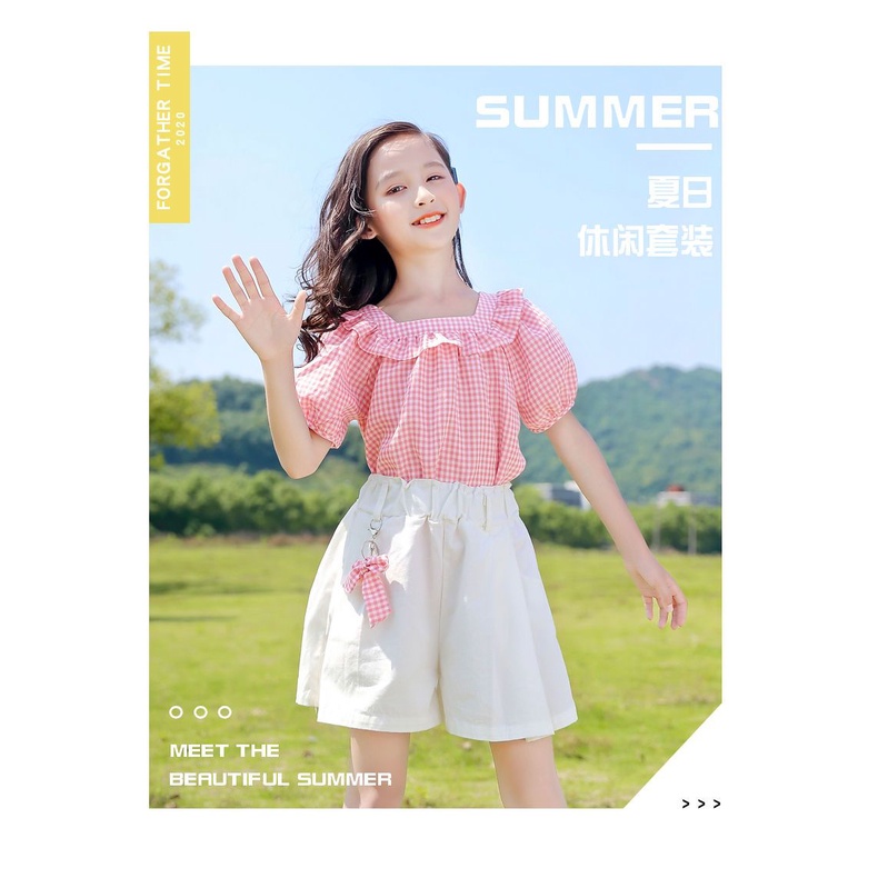 Set Đồ Mùa Hè 2 Món Gồm Áo Sơ Mi Tay Cộc Cổ Vuông Kẻ Sọc Caro + Quần Dài Dáng Rộng Thời Trang Cho Bé Gái 3-14 Tuổi