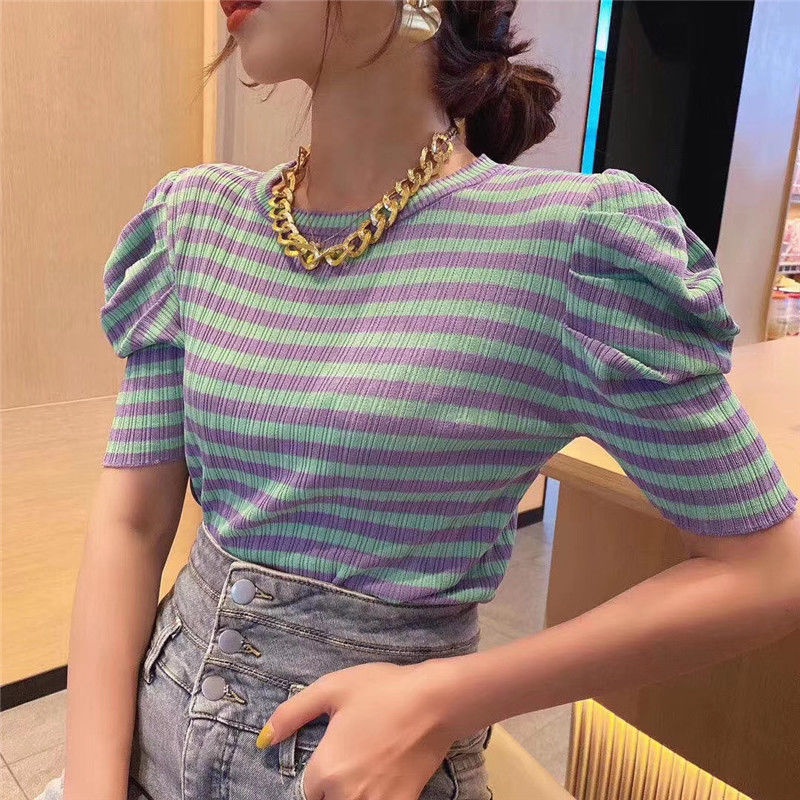 Áo Dệt Kim Tay Phồng Họa Tiết Kẻ Sọc Thời Trang Mùa Hè Hàn Quốc Cho Nữ