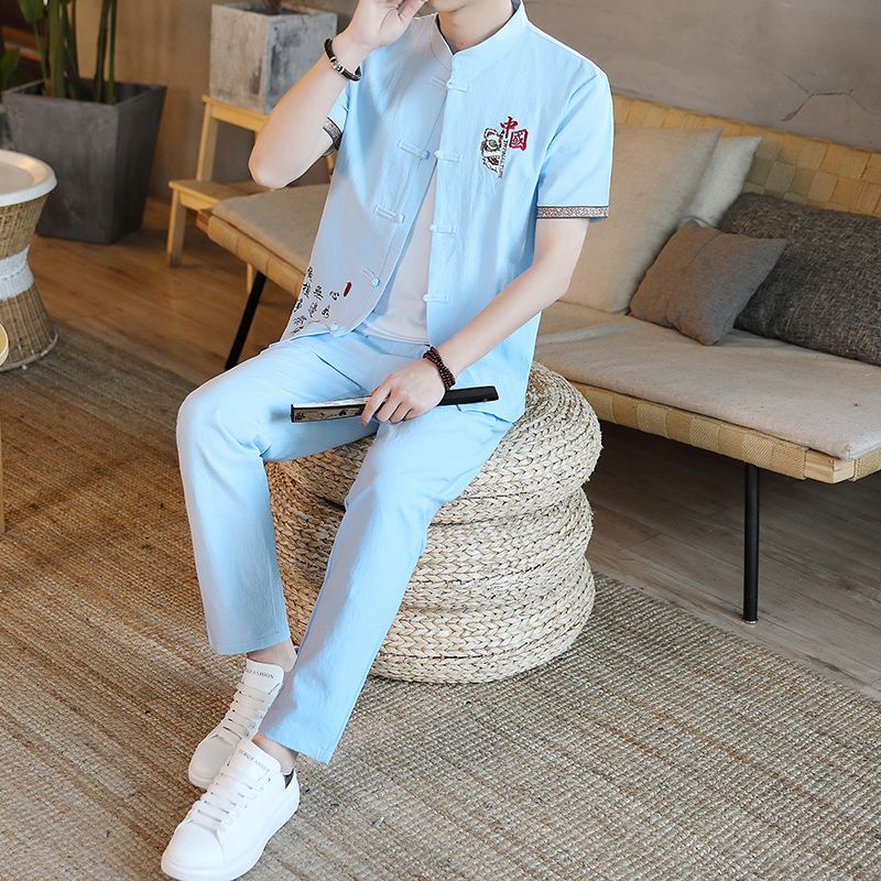 Bộ Hán Phục Tay Ngắn Thêu Họa Tiết Phong Cách Trung Hoa Cổ Điển Thời Trang Mùa Hè 2022 Mới Cho Nam