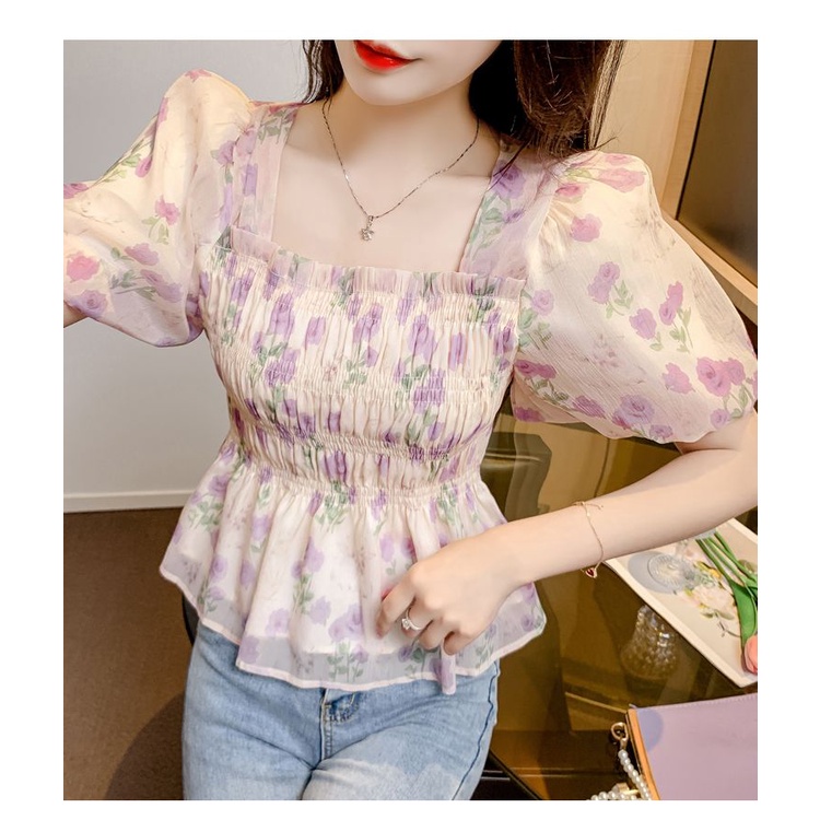 Áo Sơ Mi Chiffon Cổ Vuông Tay Phồng In Họa Tiết Hoa Thời Trang Mùa Hè Cho Nữ