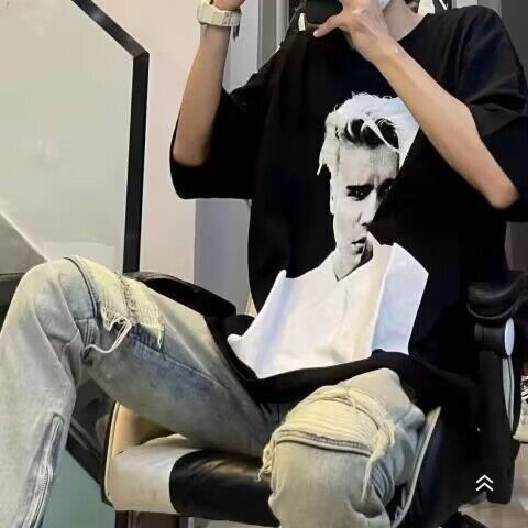 Áo Thun Cotton Cổ Tròn Tay Lỡ In Hình Justin Bieber Phong Cách Âu Mỹ Cho Nam