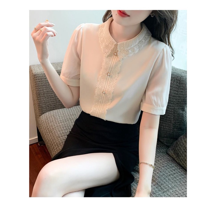 Áo Sơ Mi Chiffon Tay Ngắn Cổ Ren Màu Trơn Đơn Giản Thời Trang Mùa Hè Dành Cho Nữ