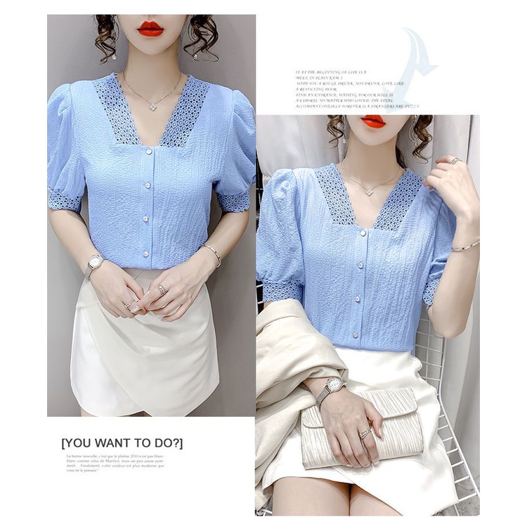 Áo Sơ Mi Chiffon Ngắn Tay Cổ Chữ V Phối Ren Phong Cách Pháp