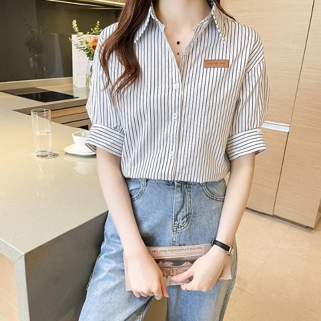 Áo Sơ Mi Ngắn Tay Họa Tiết Kẻ Sọc Thời Trang Mùa Hè Cho Nữ