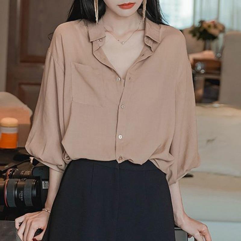 Áo Sơ Mi Chiffon Tay Lửng Dáng Rộng Màu Trơn Thời Trang Mùa Hè Hàn Quốc 2023 Dành Cho Nữ