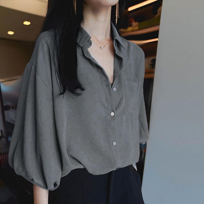 Áo Sơ Mi Chiffon Tay Lửng Dáng Rộng Màu Trơn Thời Trang Mùa Hè Hàn Quốc 2023 Dành Cho Nữ