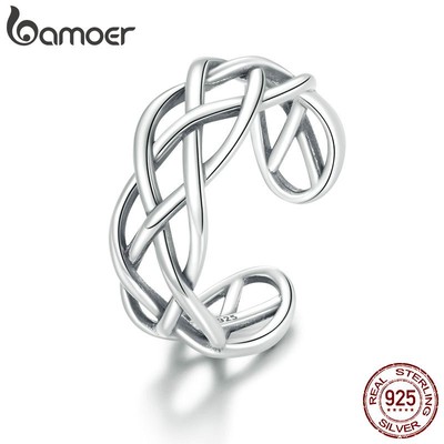 Nhẫn Bamoer SCR675 Kiểu Bện Dây Thiết Kế Mở Có Thể Điều Chỉnh Kích Thước Bằng Bạc 926 Cho Nữ