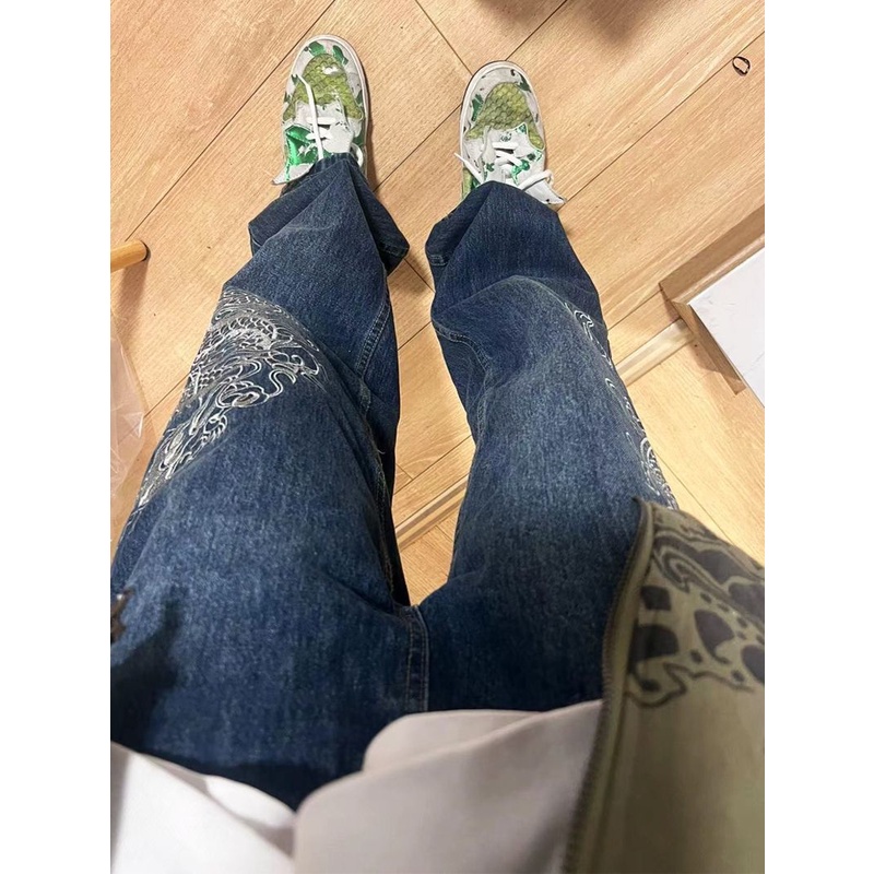 Quần Jeans Dài Thêu Hình Rồng Phong Cách Âu Mỹ Cho Nam Nữ