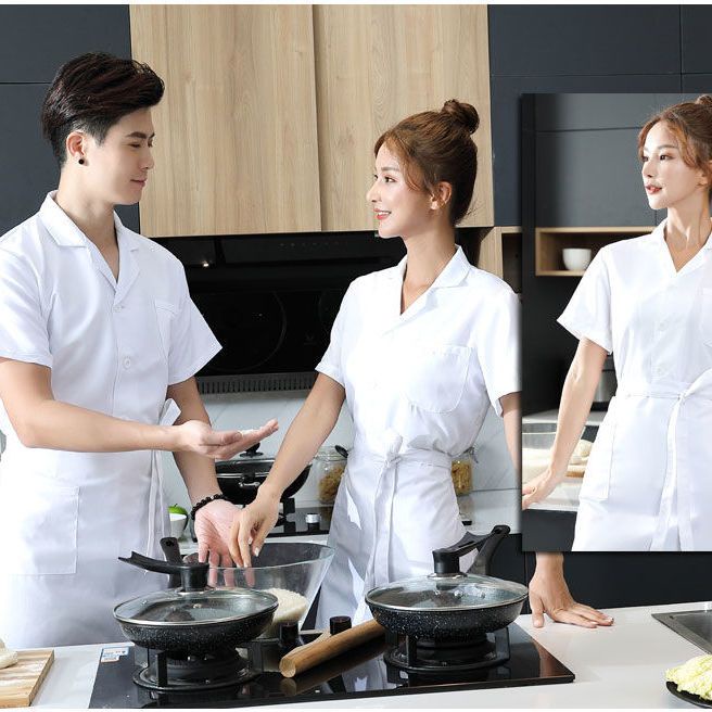 M-5XL Đồng phục đầu bếp mỏng thực sự tốt tay ngắn màu trắng lớn treo ve áo trắng sau nhà bếp nhà máy thực phẩm mẫu giáo quần áo làm việc