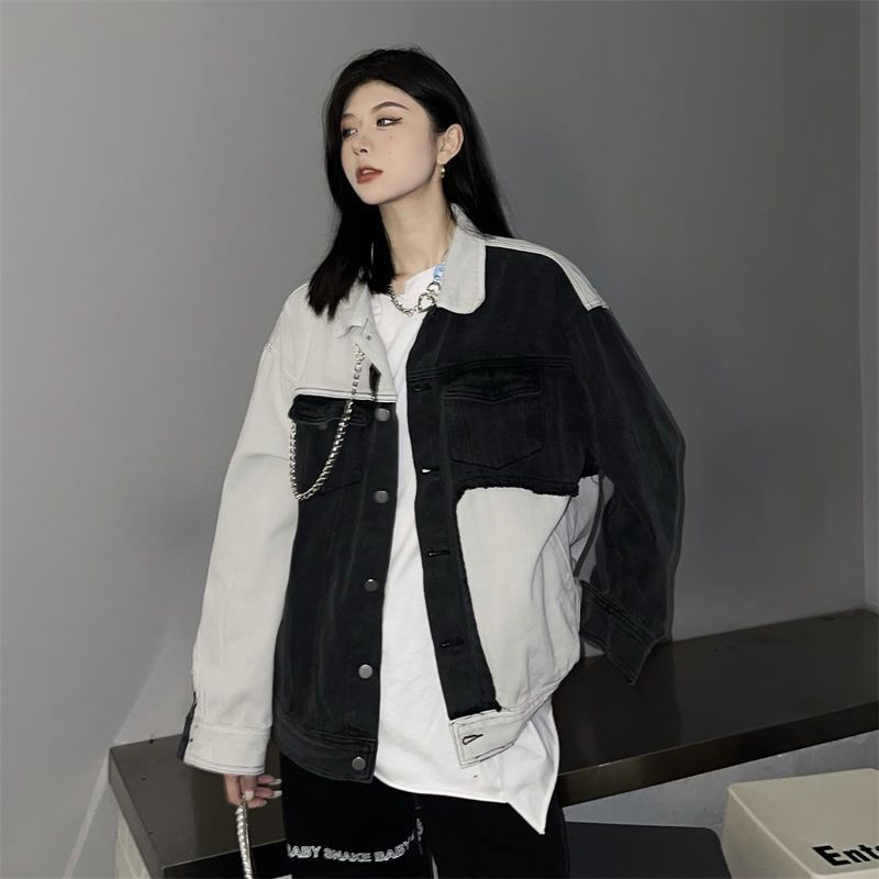 Áo Khoác Denim Tay Dài Màu Sắc Tương Phản Phối Dây Xích Thời Trang Xuân Thu Cao Cấp