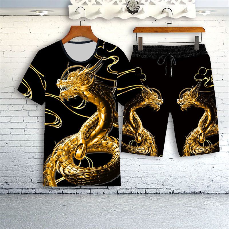 Mô hình rồng mùa hè nam giới giản dị bộ đồ một bộ hoàn chỉnh áo tay ngắn + quần short quần áo in xu hướng thời trang