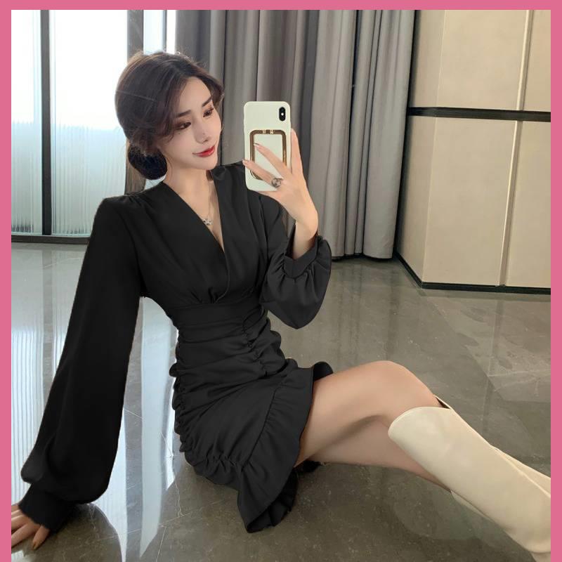 đâm babydoll Đầm Ngắn Ôm Eo Tay Dài Cổ Chữ v Phong Cách Pháp Thời Trang Mùa Thu Mới