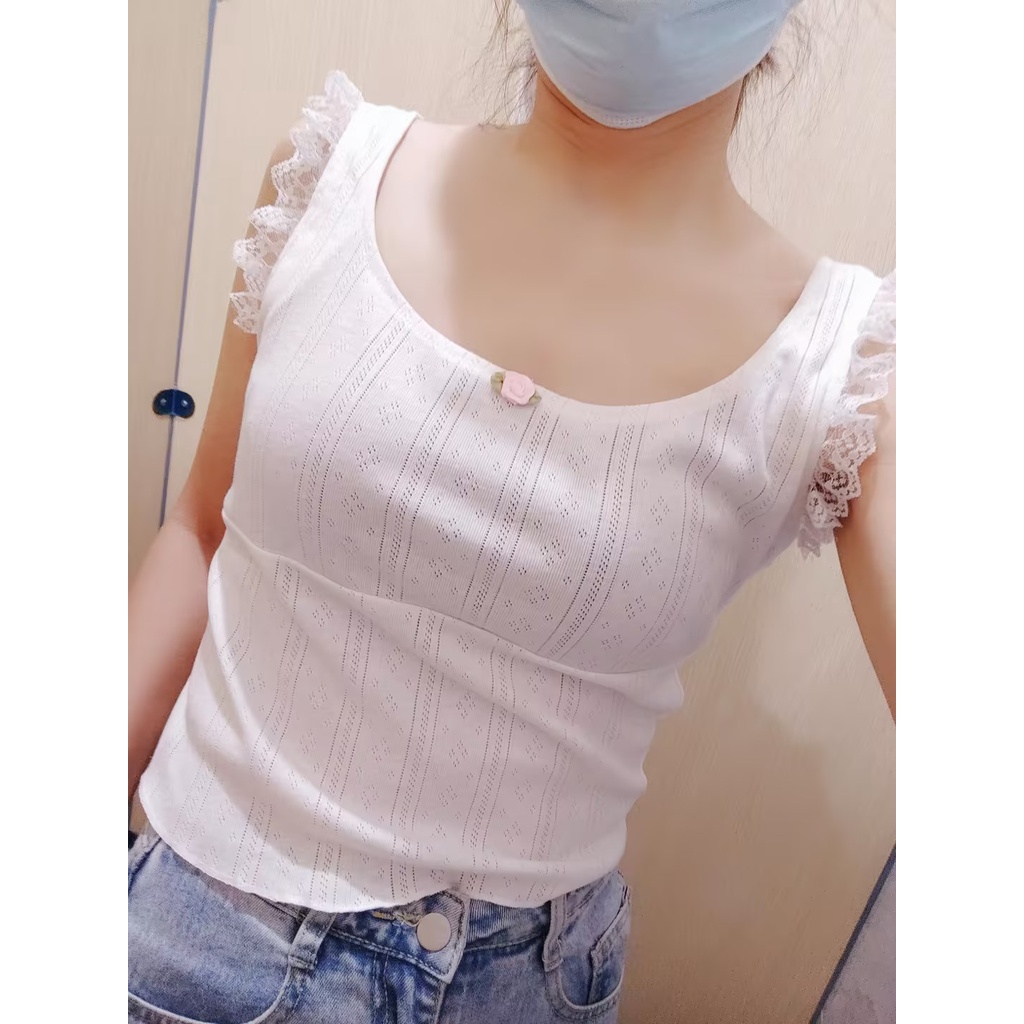 Áo Crop Top Y2K Phối Ren Màu Trắng Sữa Phong Cách Vintage Thập Niên 90 Dễ Thương