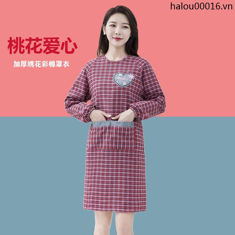 Tạp Dề Nấu Ăn Bằng Cotton Nguyên Chất Tay Dài Cột Dây Dễ Thương Phong Cách Hàn Quốc Cho Nữ