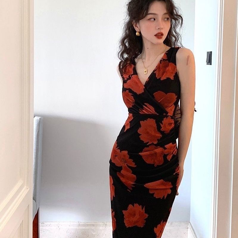 Đầm maxi Nữ Không Tay Cổ Chữ V In Hoa Thời Trang