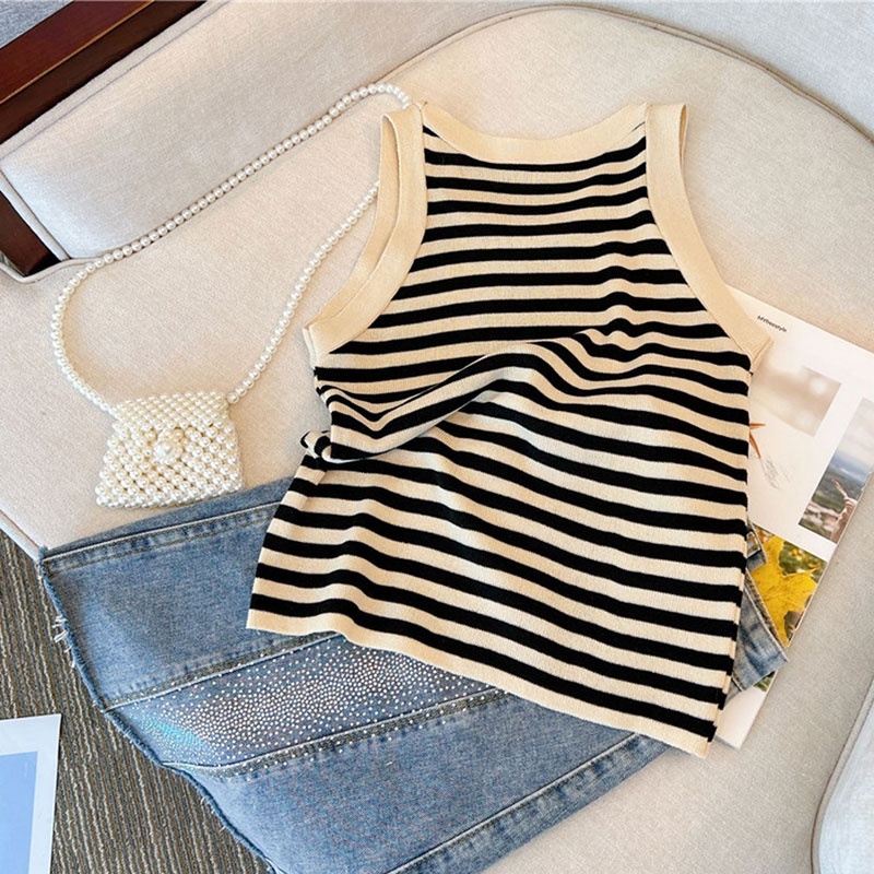 Áo Dệt Kim Không Tay Họa Tiết Kẻ Sọc Thời Trang Hàn Quốc Cho Nữ