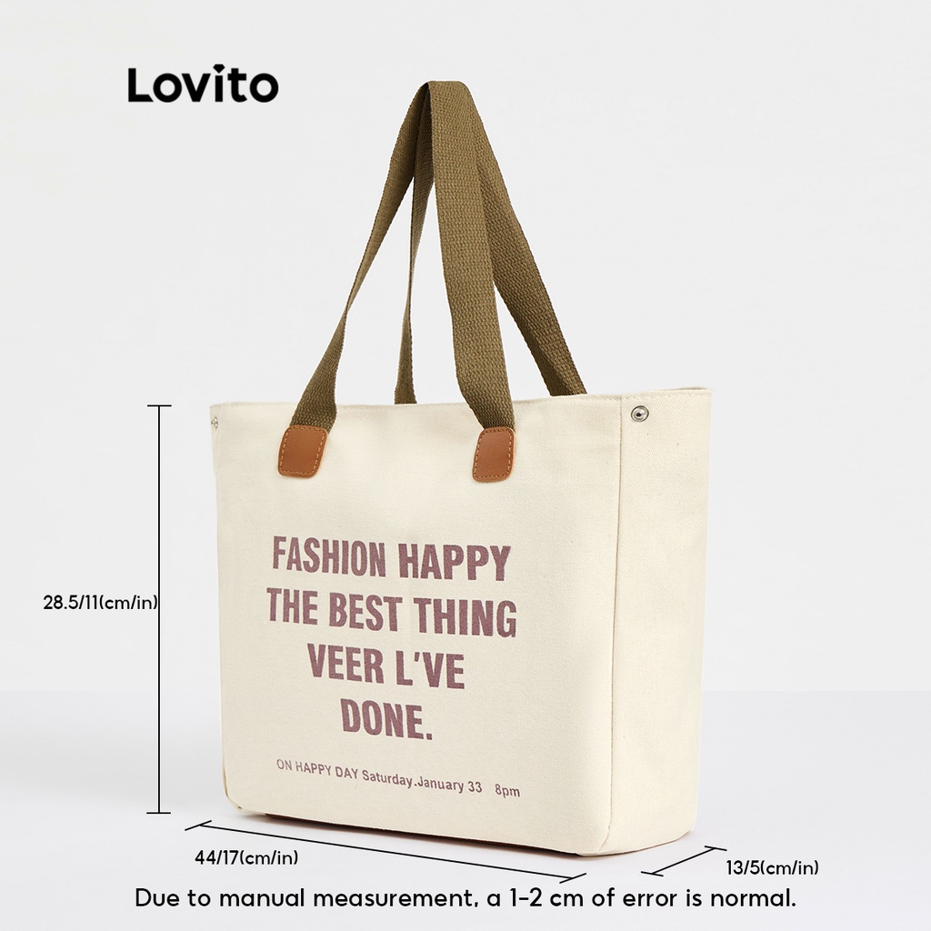 Túi tote LOVITO sức chứa lớn canvas dây tương phản đính đá chữ cái thường ngày cho nữ L46BA003 (kaki/ trắng ngà/ đen)