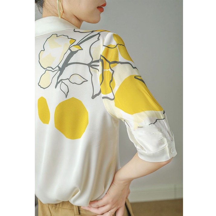 Áo Sơ Mi Chiffon Satin Ngắn Tay In Họa Tiết Tương Phản Thời Trang Mùa Hè