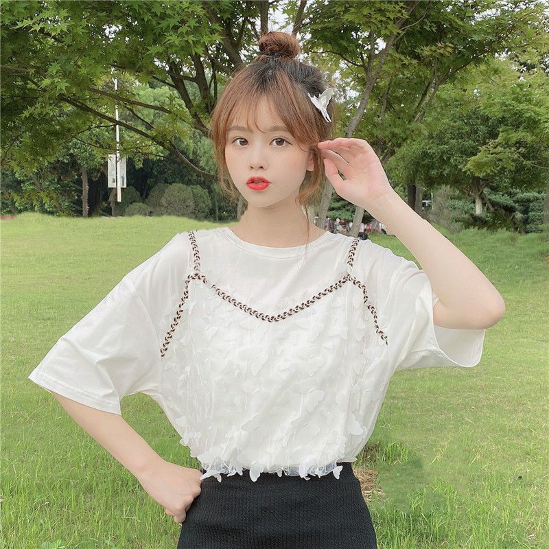 Áo Thun Nữ Ngắn Tay Cổ Tròn Giả Hai Lớp