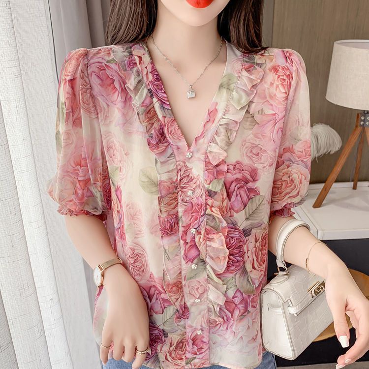 Áo Sơ Mi Chiffon Cổ V Tay Ngắn In Hoa Thời Trang Mùa Hè Cho Nữ