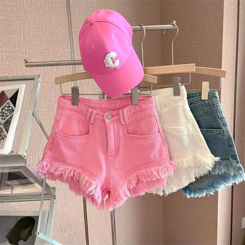 Jiashucheng Quần Short Denim Rách Tua Rua Thời Trang Mùa Hè Hàn Quốc Giản Dị Dành Cho Bạn Gái