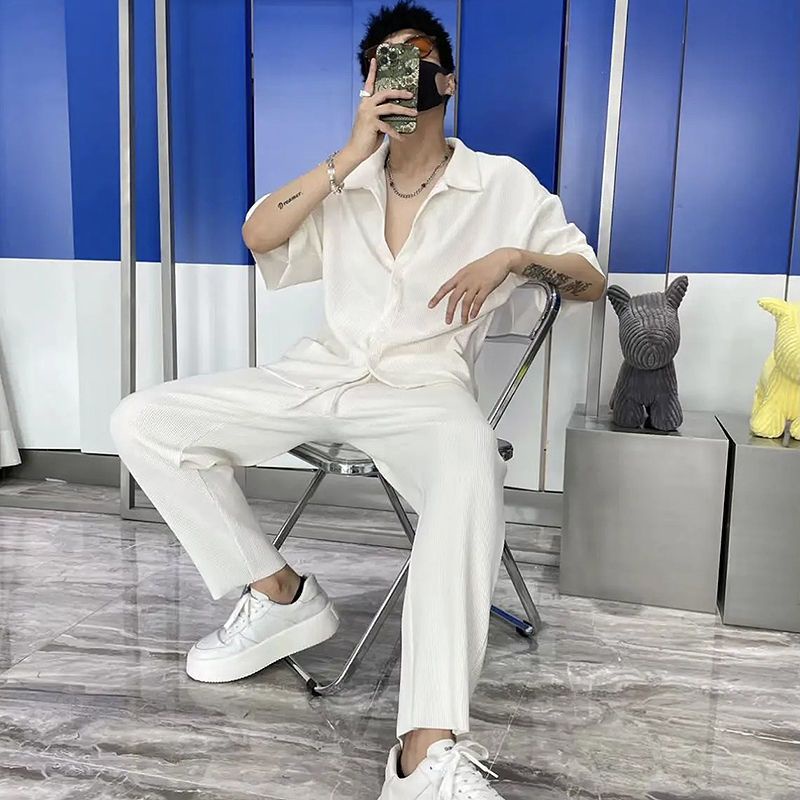 Set Áo Sơ Mi Ngắn Tay Và Quần Dài Ống Rộng Thời Trang Mùa Hè Dành Cho Nam