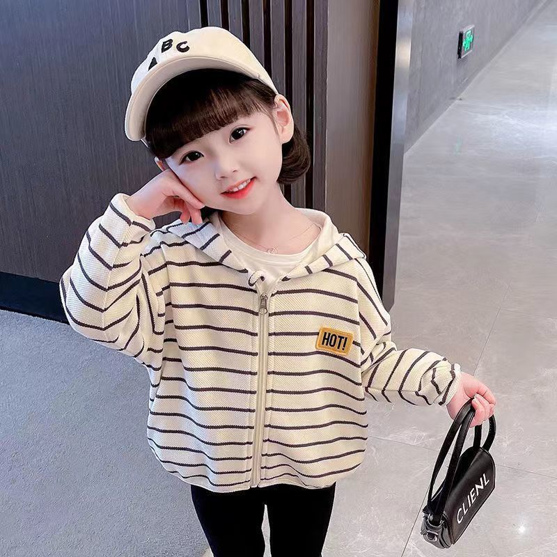 Áo Khoác Có Nón Phối Khóa Kéo Kẻ Sọc Thời Trang Hàn Quốc Cho Bé Gái