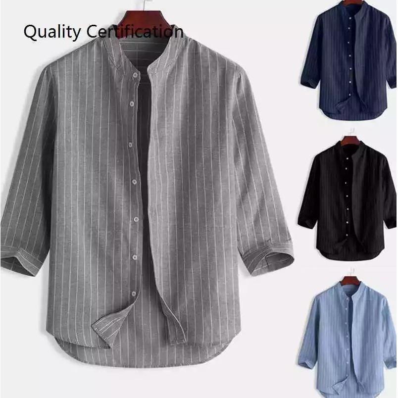 Áo Sơ Mi Nam Tay Lửng Cổ Đứng Họa Tiết Sọc Dọc Phong Cách Hàn Quốc Thời Trang