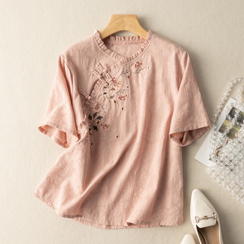 Áo Sơ Mi Vải Lanh Cotton Tay Ngắn Thêu Họa Tiết Phong Cách Trung Hoa Cổ Điển Thời Trang Mùa Hè Cho Nữ