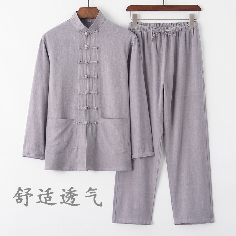 Bộ Đồ Tập Thái Cực Quyền Tay Dài Dáng Rộng Vải Cotton Lanh Cài Khóa Kiểu Trung Hoa Retro Cho Nam Trung Niên