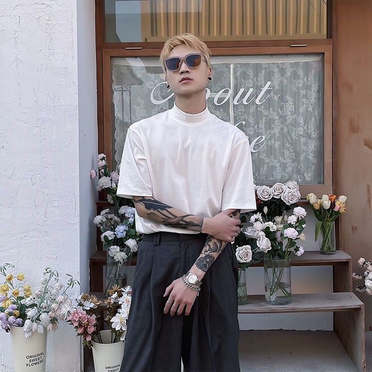 Áo phông nam ngắn tay S-2XL cao đường phố áo phông nam cộc tay cổ cao cảm giác băng tay lửng thương hiệu thời trang rộng rãi siêu hot instagram áo thời trang