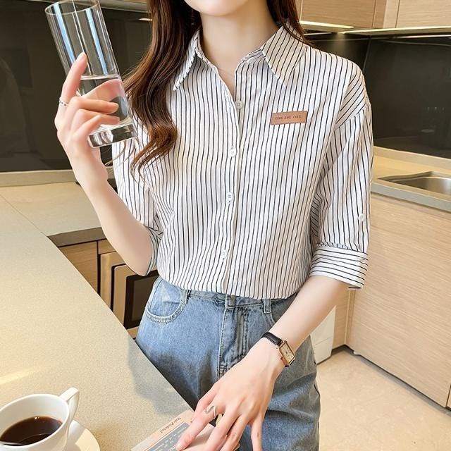 Áo Sơ Mi Ngắn Tay Họa Tiết Kẻ Sọc Thời Trang Mùa Hè Cho Nữ