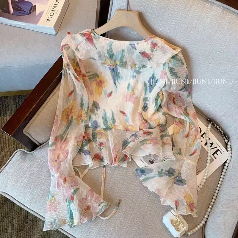 Áo Sơ Mi Nữ Tay Dài Cổ Chữ v Họa Tiết Hoa Thời Trang Hàn Quốc