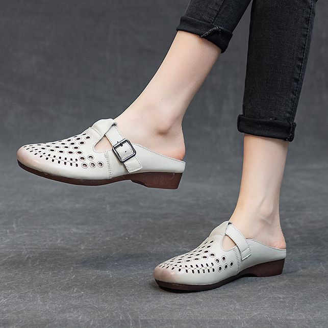Dép Bít Mũi Da Thật Đế Thấp Mềm Mại Phong Cách Dân Tộc Thời Trang Mùa Hè Cho Nữ