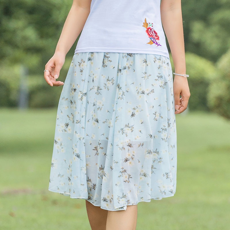 Chân Váy Chiffon Chữ A Lưng Cao Co Giãn In Họa Tiết Hoa Thời Trang Mùa Hè Phong Cách Hàn Quốc Cho Nữ