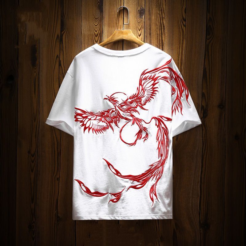 Hàng Có Sẵn!Áo nam Ngắn Tay Thêu Hình Phượng Hoàng Phong Cách Trung Hoa Mới