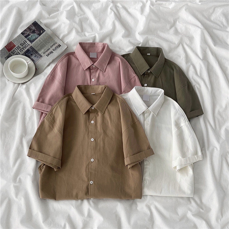 Áo Sơ Mi Tay Ngắn Dáng Rộng Màu Trơn Phong Cách Hàn Quốc Thời Trang Mùa Hè Mới Cho Nữ