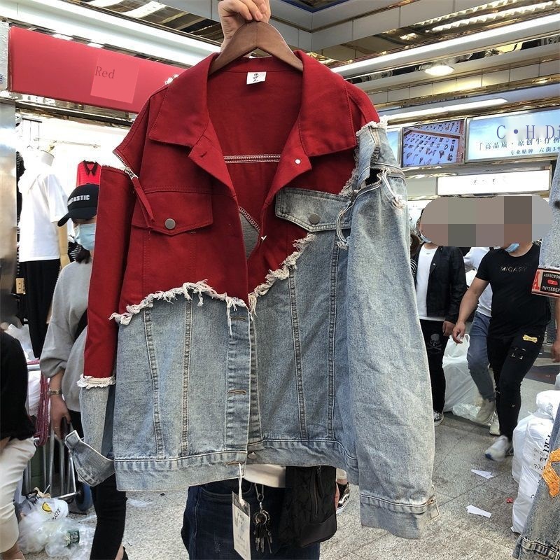 Áo Khoác Jean Giả Hai Lớp Màu Sắc Tương Phản Phong Cách Hàn Quốc Dành Cho Nữ