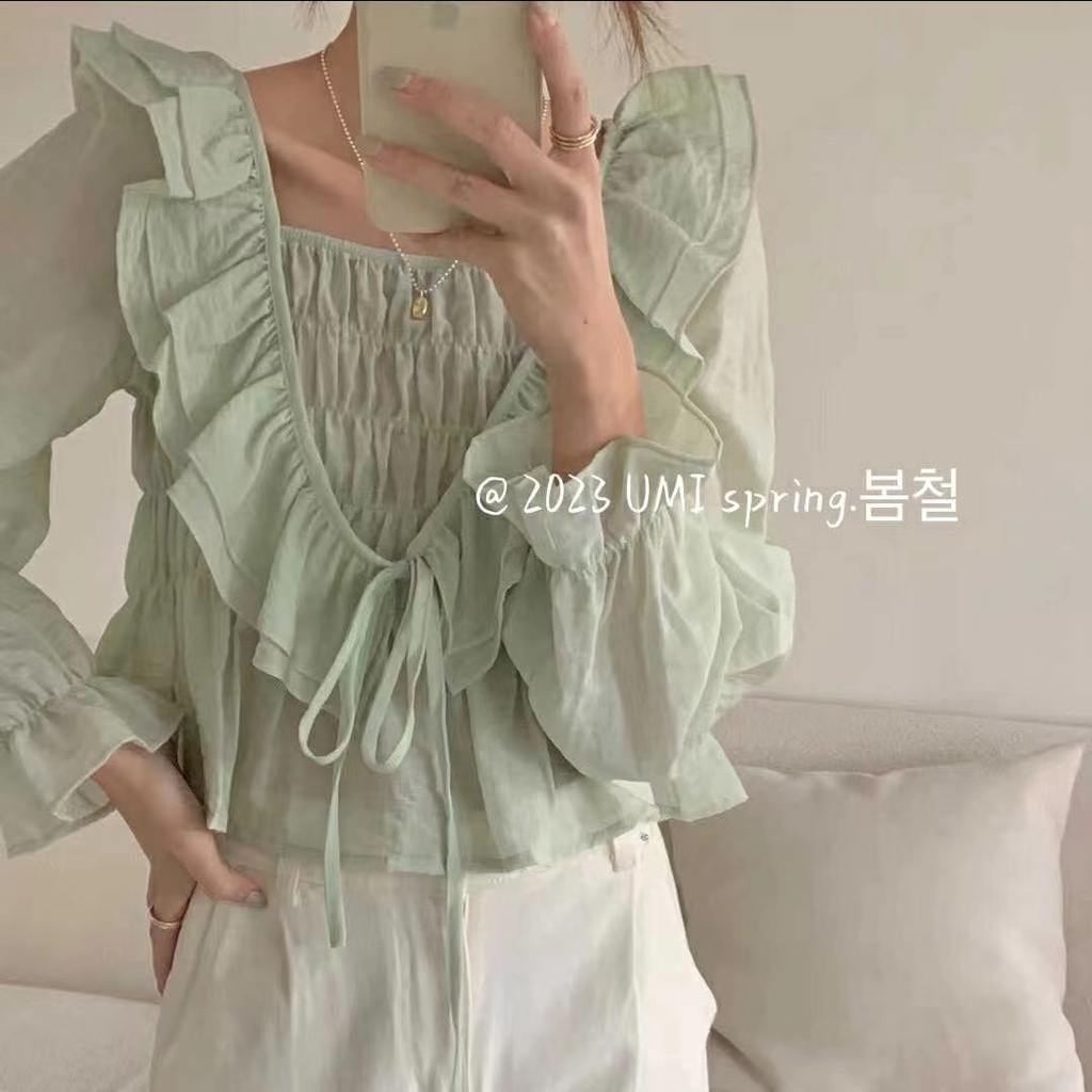 Áo Sơ Mi Dài Tay Phối Bèo Phong Cách Hàn Quốc Mới Cho Nữ