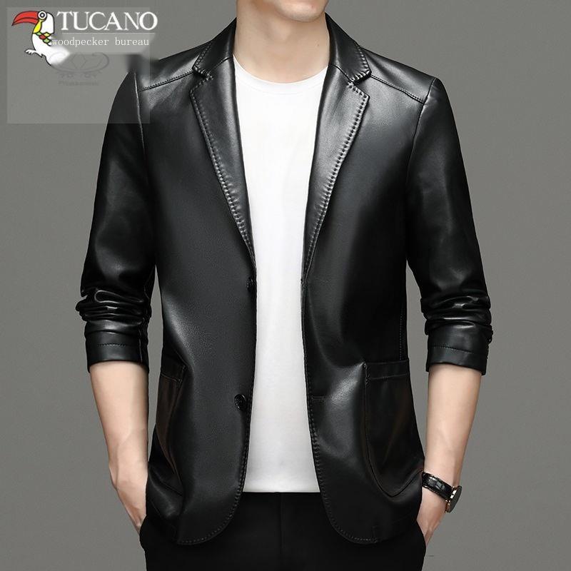 Áo Khoác Da Cổ Vest Dáng Ôm Thời Trang Xuân Thu Cho Nam Giới Trung Niên