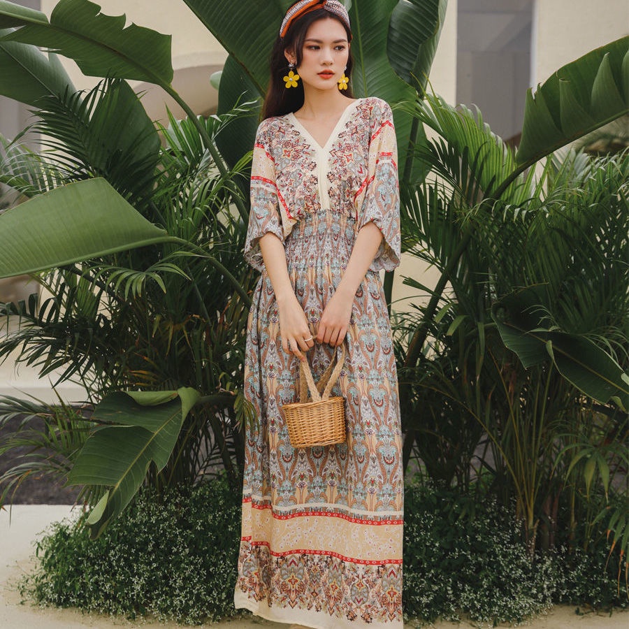 Đầm Đi Biển Dáng Dài Phong Cách Thái Lan Bohemian Thời Trang Cho Nữ th0421