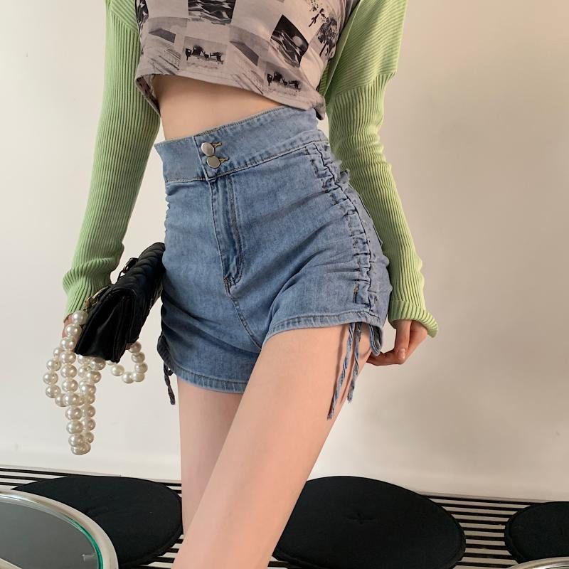Jiashucheng Quần Short Denim Lưng Cao Dáng Chữ a Phối Dây Rút Phong Cách Hàn Quốc Thời Trang Xuân Hè Dành Cho Nữ