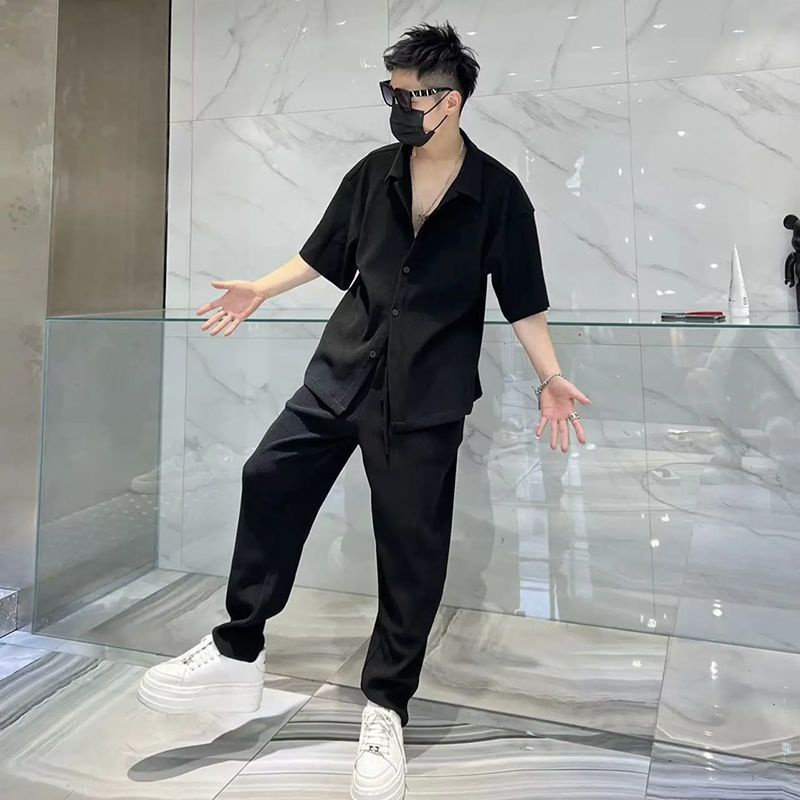 Set Áo Sơ Mi Ngắn Tay Và Quần Dài Ống Rộng Thời Trang Mùa Hè Dành Cho Nam