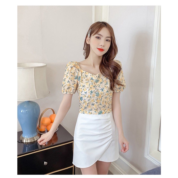 Áo Sơ Mi Tay Phồng Cổ Chữ V Thắt Nơ Sau Lưng Thêu Họa Tiết Thời Trang Mùa Hè Xinh Xắn